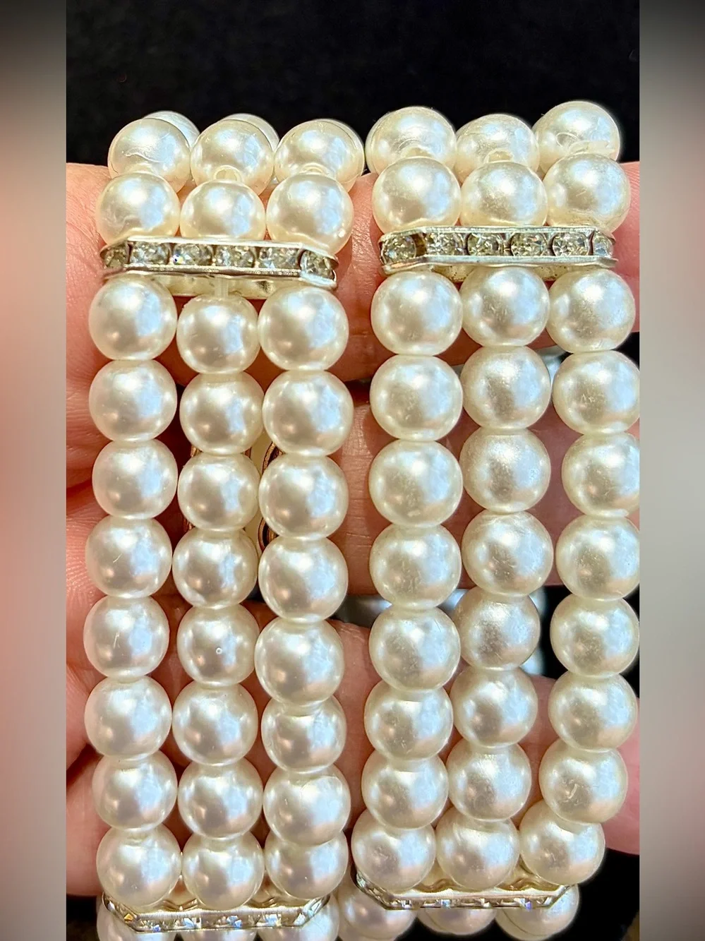 NIB Two Elegant White Pearl Stretch Bracelets wi/Crystal Accents In Three Areas